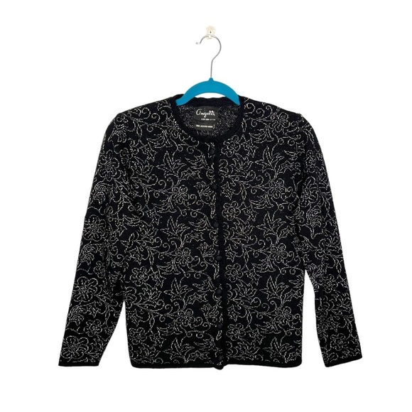 Vintage Angelli Zephyr Wool Black & Silver Floral Knit Cardigan - Picture 1 of 13